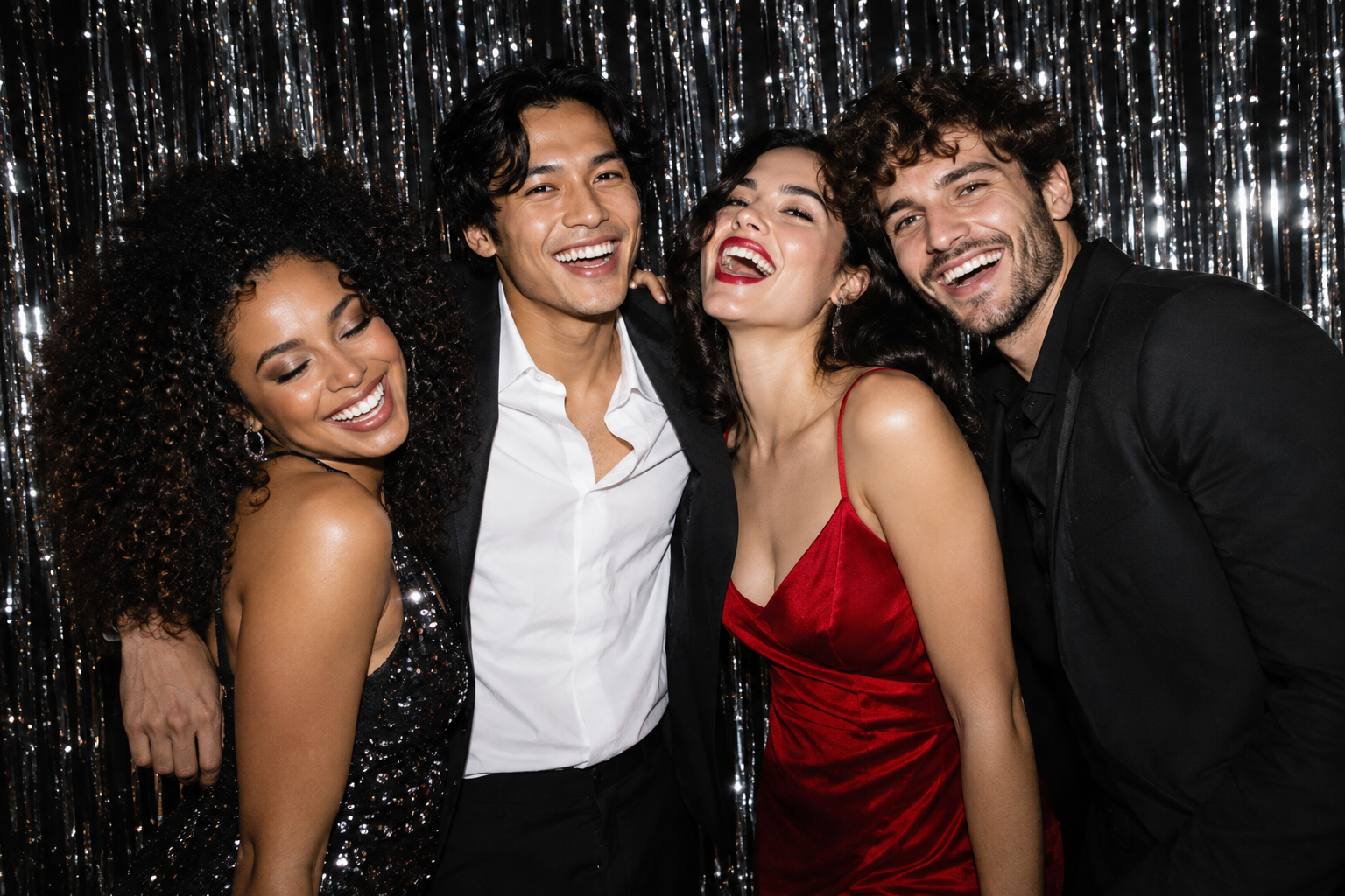 Illustrative photo of friends laughing together in front of a photo booth backdrop